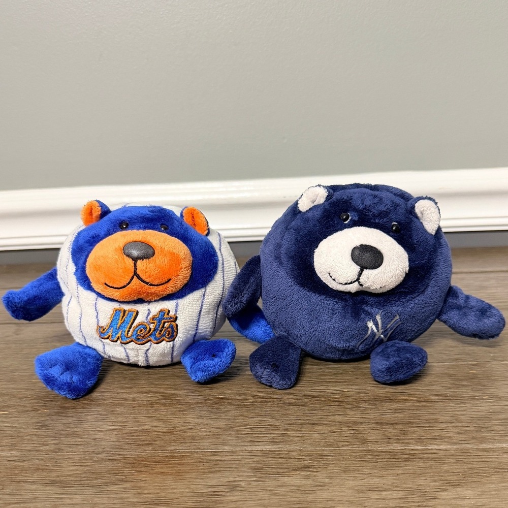MLB New York Mets and Yankees Round Plush Bear Set Blue White 4 Inch Kids‎ Toys